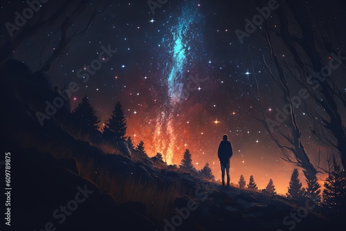 man watching the stars at night, vast sky, generative ai © Renan