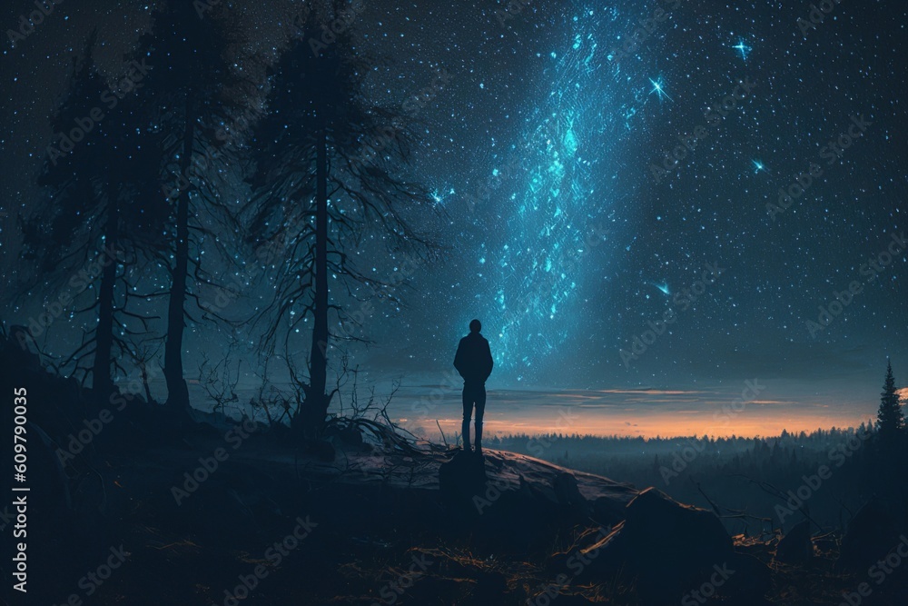 Fototapeta premium man watching the stars at night, vast sky, generative ai