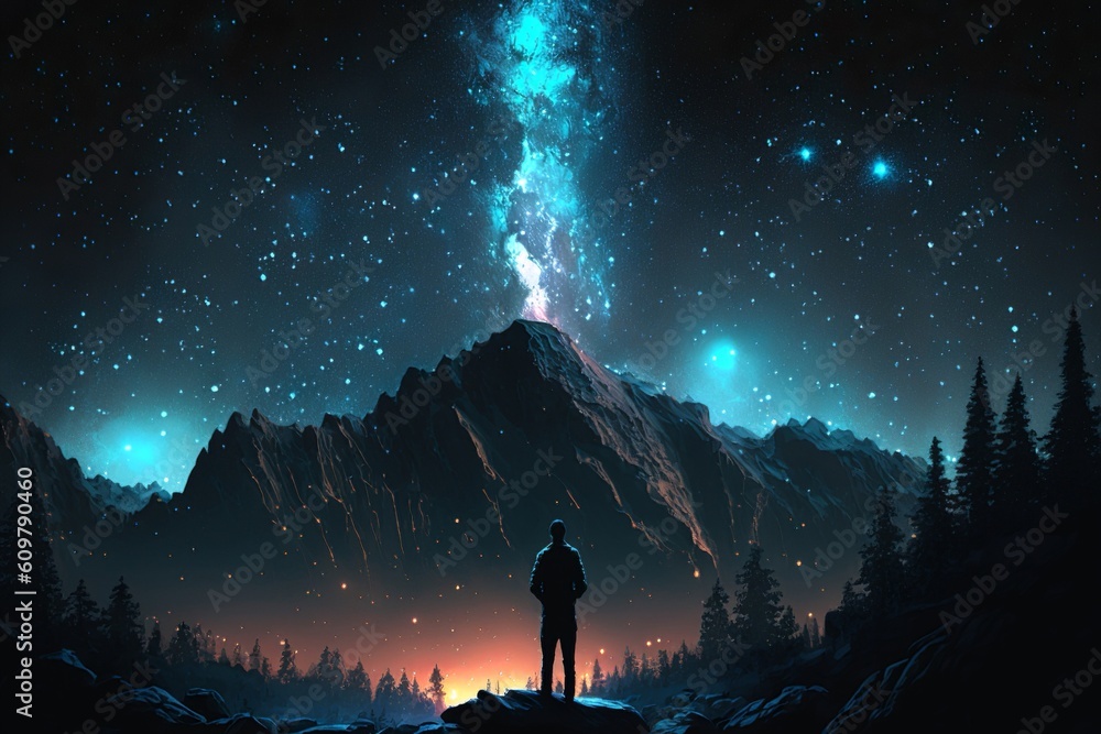 Fototapeta premium man watching the stars at night, vast sky, generative ai