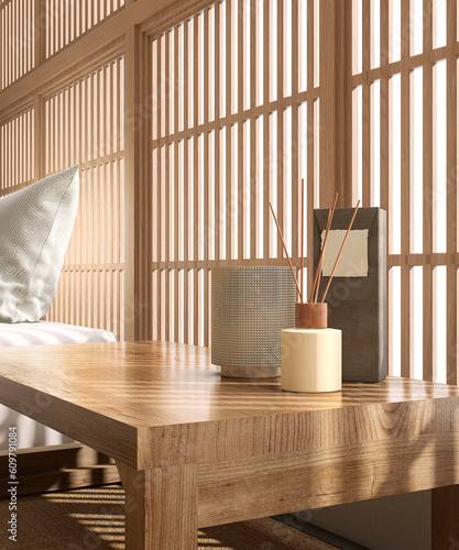 Obraz na plátně Wooden bedside table with lantern, incense by bed, pillow on tatami mat in sunli