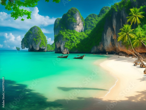 Wonderful magical beach in Thailand, Generative AI Illustration.