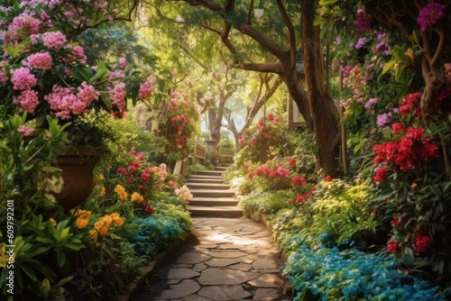 Magical pathway leading to a secret fairytale garden, lined with blooming flowers and vibrant, multi-colored green trees. Fairytale style. Generative AI