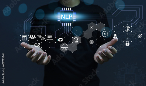 Men in black using NLP to start deveping technology such as AI, Chat bot, software and data analysis tools. Natural Language processing technology concept. photo