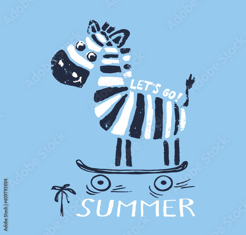 Zebra on skateboard funny cool summer t-shirt print design. Skater in skatepark. Slogan