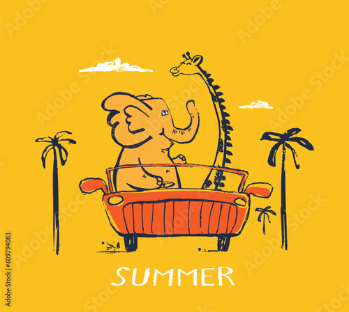 Elephant and giraffe on car funny cool summer t-shirt print design. Road trip