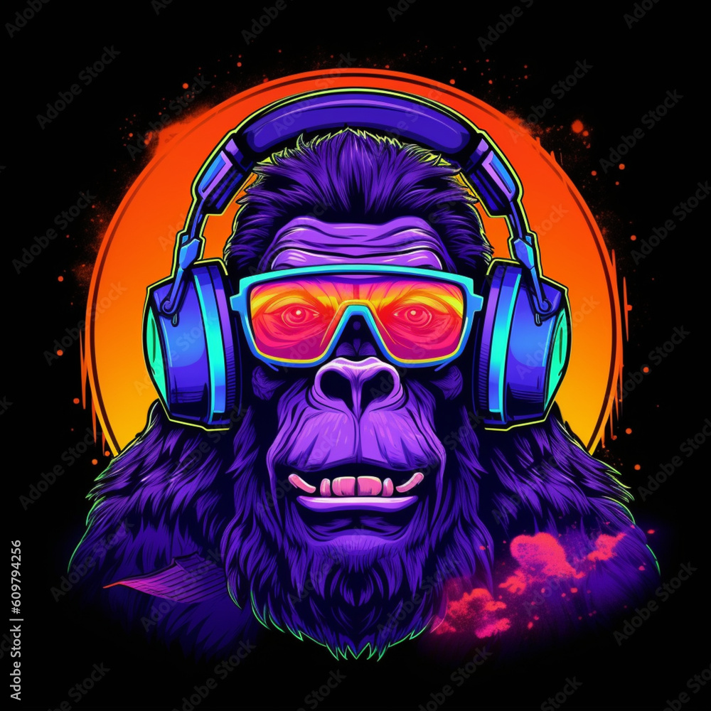 T-shirt design King Kong wearing aviators. Generative AI T-shirt design King Kong wearing aviators. Generative AI