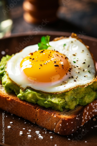 Toast with guacamole and fried egg. Generative AI