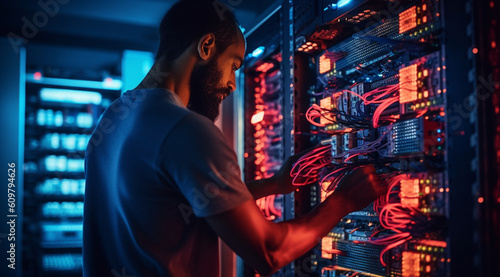Man checking a computer on a server rack. Generative AI