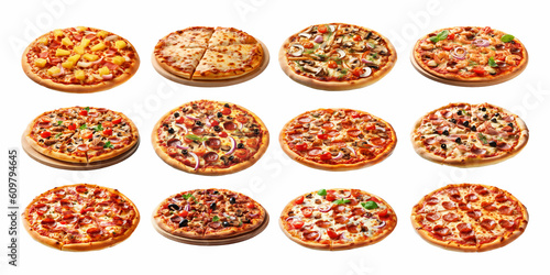 Pizza collection isolated on white background with AI generated.