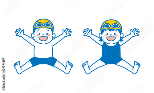水泳の水着を着てジャンプする子どものイラスト　シンプル