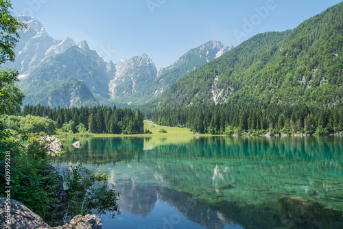 View of Lago di Fusine  Italy  Europe.  Reflection of the mountains in a lake. 