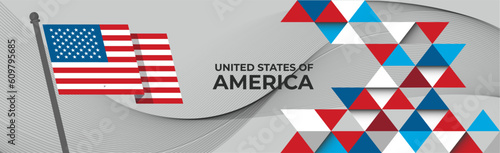 USA flag or United States of America independence day geometric web banner for 4th of July. Red Blue modern corporate abstract retro background design with American flag theme. US Vector Illustration.