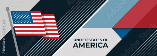 USA flag or United States of America independence day geometric web banner for 4th of July. Red Blue modern corporate abstract retro background design with American flag theme. US Vector Illustration.