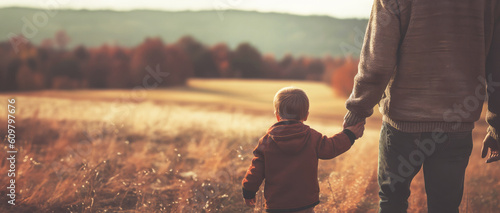 father holding hands kid boy child son, have a happy feeling together with love in concept of family travel nature outdoor walking, banner space, Generative ai photo