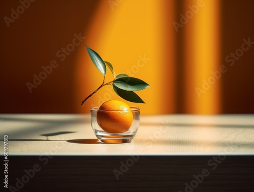 artistic still life with on orange in a glass and a floating leave on counter top with orange background  generative ai