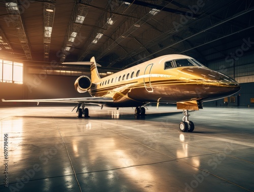 beautiful private lear jet airplane in hangar, generative ai