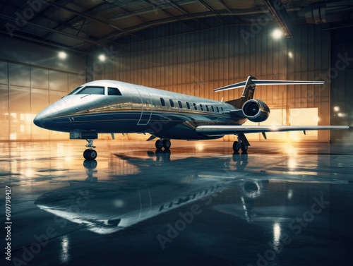 beautiful private lear jet airplane in hangar, generative ai