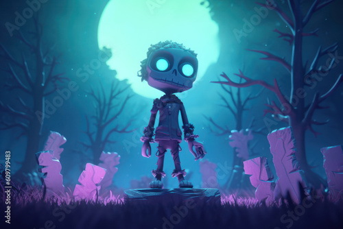 Halloween concept. 3d cartoon cute zombie at night background. Generative ai.