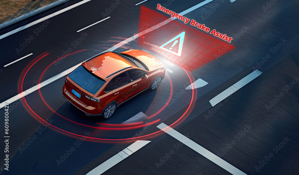 Emergency Braking Assist (EBA) sysyem to avoid car crash concept, 3D
