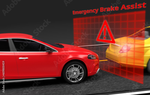 Emergency Braking Assist (EBA) sysyem to avoid car crash concept, 3D rendering image, Generative AI