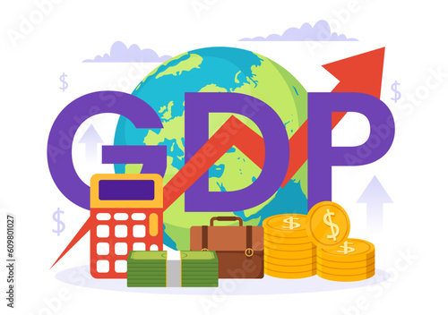 GDP or Gross Domestic Product Vector Illustration with Economic Growth Column and Market Productivity Chart in Flat Cartoon Hand Drawn Templates