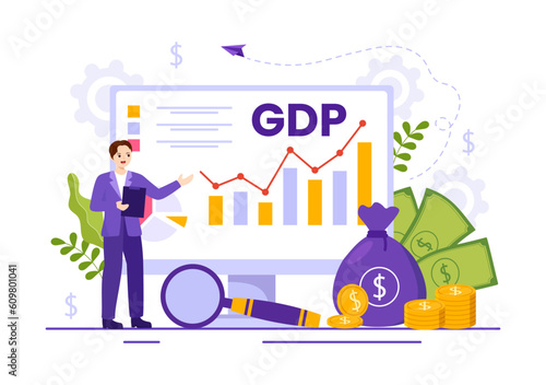 GDP or Gross Domestic Product Vector Illustration with Economic Growth Column and Market Productivity Chart in Flat Cartoon Hand Drawn Templates