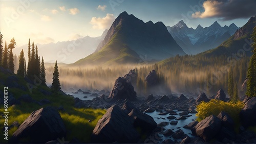 Stunning landscape river golden hour falls and mountains. Generative AI