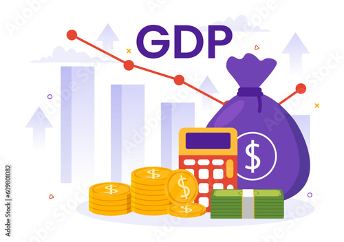 GDP or Gross Domestic Product Vector Illustration with Economic Growth Column and Market Productivity Chart in Flat Cartoon Hand Drawn Templates