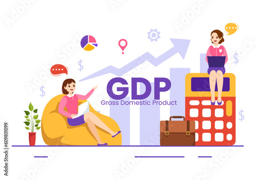 GDP or Gross Domestic Product Vector Illustration with Economic Growth Column and Market Productivity Chart in Flat Cartoon Hand Drawn Templates