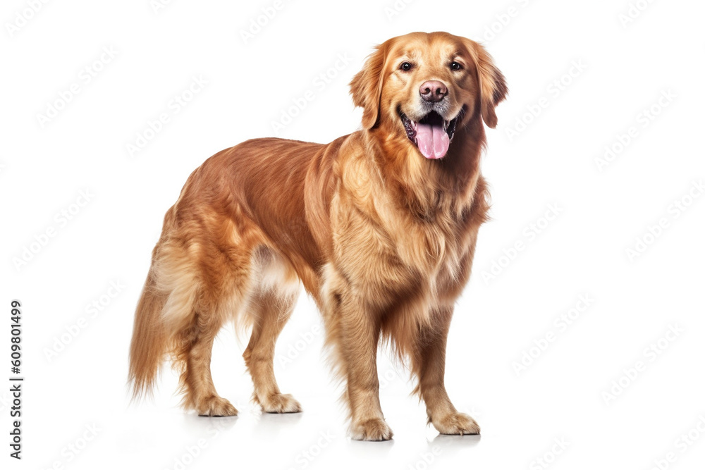 Golden retriever dog on white background. Generative AI.