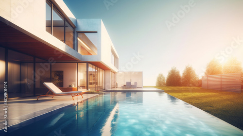 Morning view of a modern house with a terrace, pool and a lawn. 3d render illustration. Generative AI. © NaphakStudio