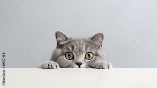 A young cat curiosity peeked from behind a table with a grey background. Generative AI.