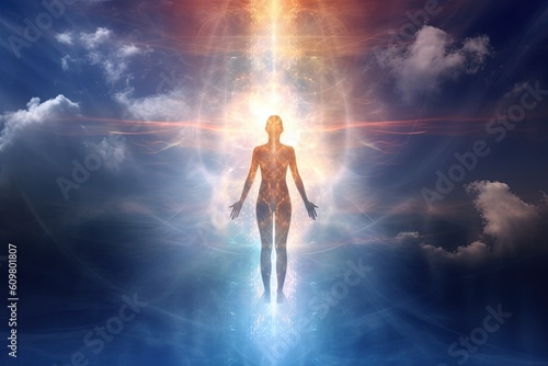 Silhouette of a human in the sky emitting bright light. Afterlife, state of mind, meditation, esoteric and spiritual life. Generative AI. 
