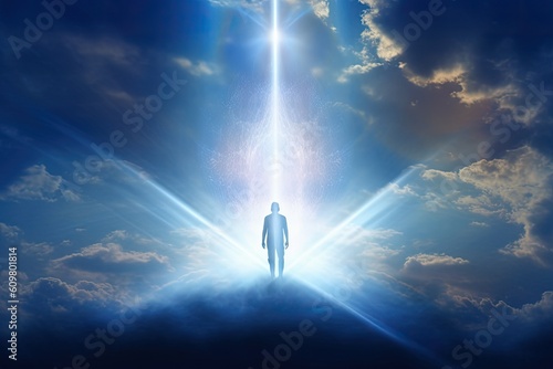 Silhouette of a man in the blue sky with bright beams of light. Afterlife, state of mind, meditation, esoteric and spiritual life. Generative AI. 