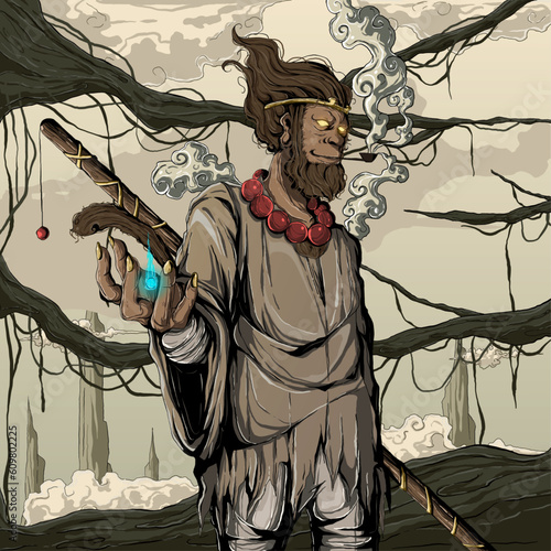 vector illustration of an apeman in ragged clothes photo