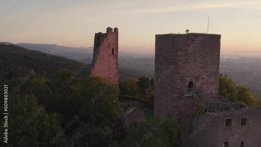 Orbit around The Three Castles of Eguisheim with magical morning light, aerial 4k Orbit around The Three Castles of Eguisheim with magical morning light, aerial 4k