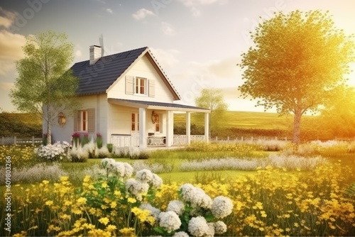 quaint country home surrounded by a vibrant field of blooming flowers Generative AI