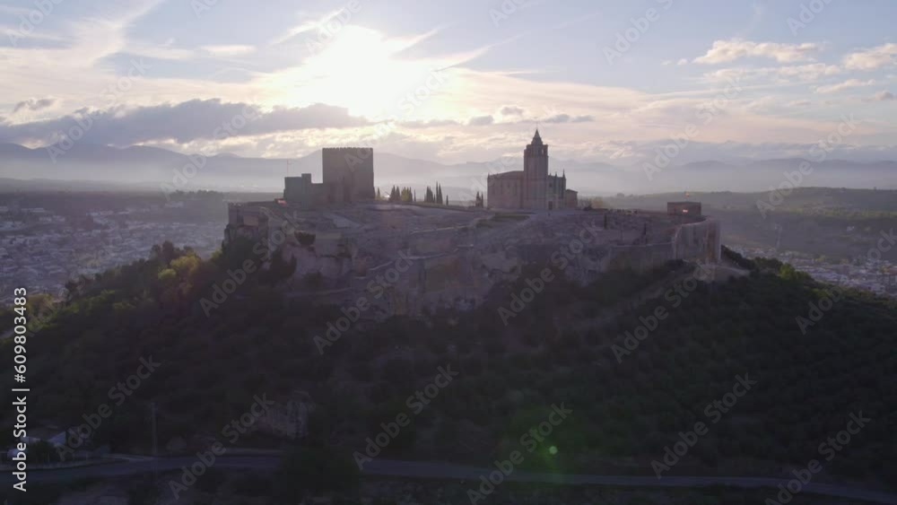 Drone view of Fortaleza de la Mota with sunflare in lens sunrise, aerial 4k Drone view of Fortaleza de la Mota with sunflare in lens sunrise, aerial 4k