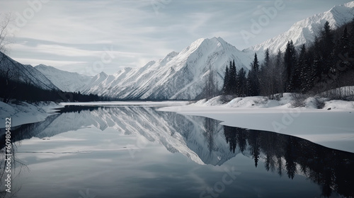 Mirror of Winter: Alaskan Mountains Reflecting on Calm Lake Waters