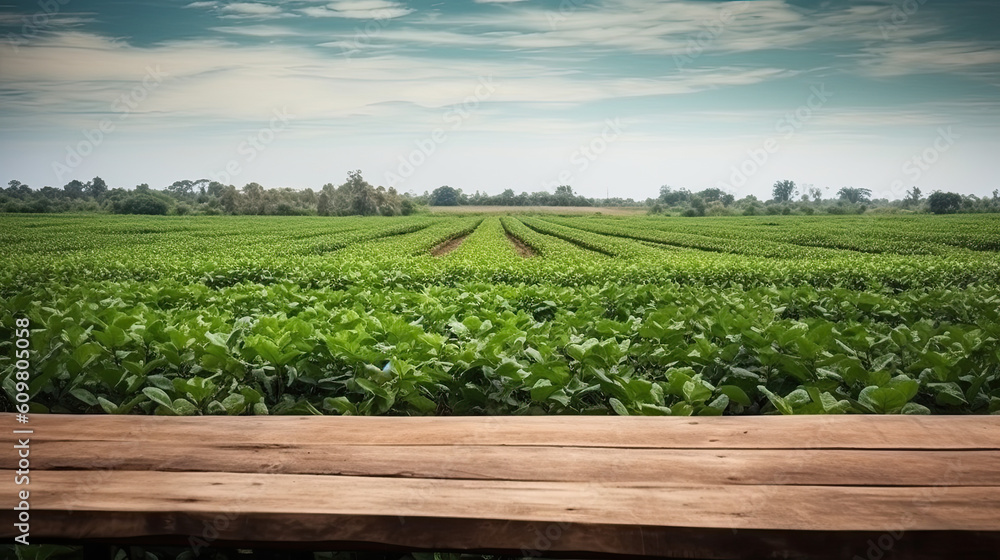 Soy Fields Stretching Beyond: Wooden Table Perspective - obrazy, fototapety, plakaty 