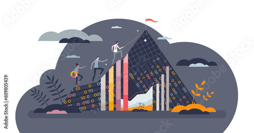 Data driven success as information management business tiny person concept, transparent background. Successful company development with digital info analytics and reports illustration.