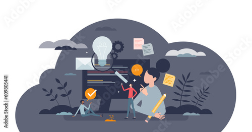 Content creation and writing texts for publications tiny person concept, transparent background. Social media posts production with creative information illustration.