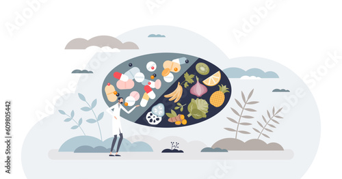 Drug interactions as pills and food medical side effects tiny person concept, transparent background. Health risks using pharmaceutical prescriptions for illness treatment illustration.