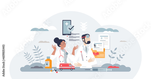 Care coordination and medical health therapy organization tiny person concept, transparent background. Medicine system with nurse and doctor teamwork.