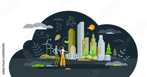 Eco friendly living and green, environmental lifestyle tiny person concept, transparent background. Society with alternative power usage.