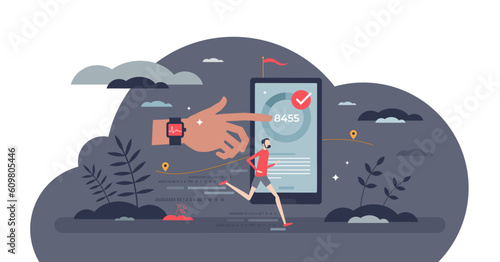 Fitness tech as wearable smart watch for sport activities tiny person concept, transparent background.Digital technology for healthy exercises and heart rate measurement illustration.