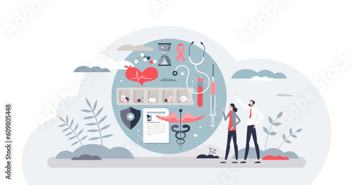 Health information technology for patient medical history tiny person concept, transparent background. IT system with disease treatment description, healthcare card.