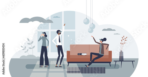 Virtual property tour with VR apartment tour experience tiny person concept, transparent background. 3D simulation with 360 excursion in new house or real estate illustration.