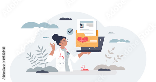 Electronic health records and patient medical data folder tiny person concept, transparent background. Healthcare digitization as checkup, examination and treatment history illustration.