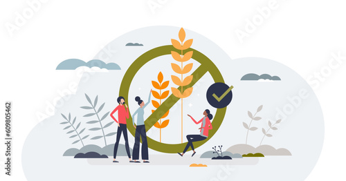Gluten free diet and nutrition products without grain tiny person concept, transparent background. Exclude eating wheat protein to help with celiac disease and be healthy illustration.